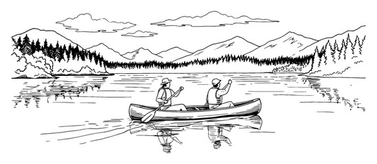 Two People Paddling Canoe on Lake with Mountains in Coloring Book Style Black and White Outline Line Art Drawing
