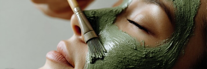 Painting Seaweed Mask on Cheek During Spa Treatment in Serene Environment With Soft Focus on Tools