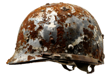 Old rusty military helmet with corroded metal surface, symbolizing war history, vintage army gear, and battlefield relics, isolated on white background