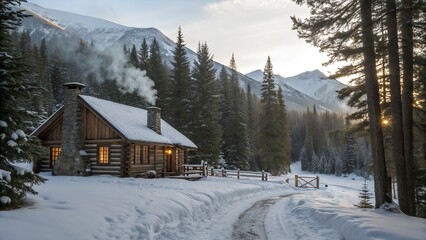 A cozy log cabin nestled in a snowy winter landscape with mountains and trees in the background