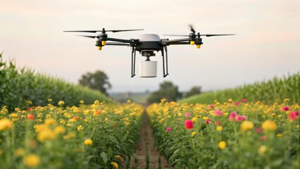 A drone hovers above a vibrant flower field, showcasing modern agriculture's integration with technology for enhanced crop monitoring.