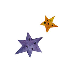 Watercolor illustration of a purple and orange asymmetrical star with a heart pattern on a white background. Whimsical and unique, perfect for children's designs, fantasy themes, and creative projects