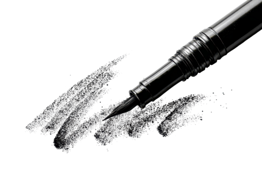 Elegant black ink pen creating artistic strokes on white background in a minimalist style