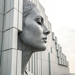 Massive Concrete Woman's Head Sculpture on a Modern Building
