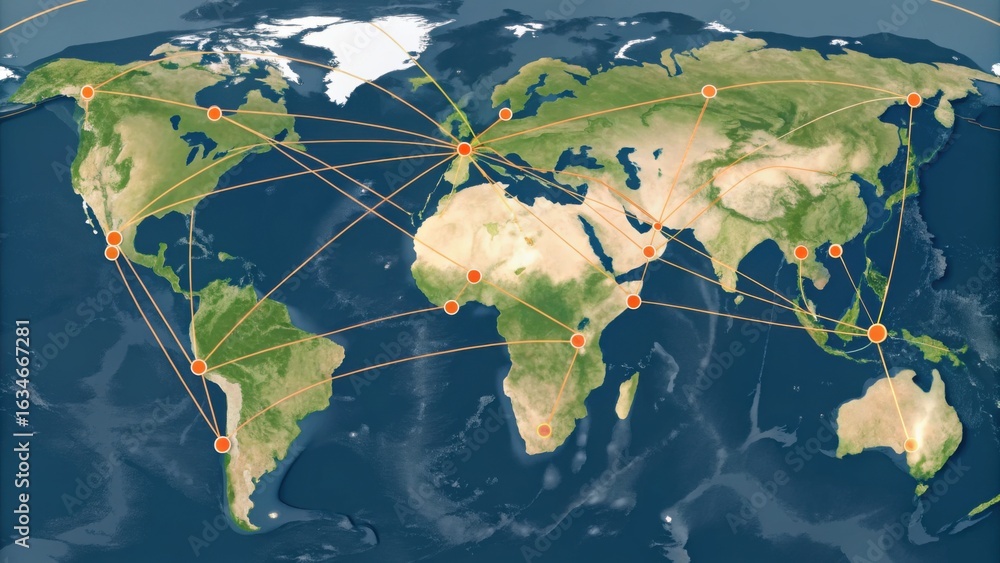 Poster a global map highlighting interconnected regions with lines and dots, emphasizing international conn