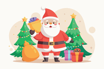 Santa claus holding a gift bag and standing near christmas trees
