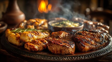 Grilled Meats Platter with Smoke and Herbs in Rustic Setting