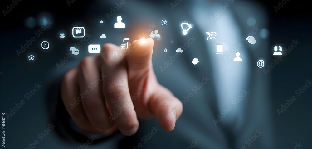 Poster navigating the future: businessmans finger on a glowing holographic icon array.
