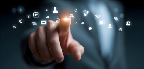 Navigating the Future: Businessmans Finger on a Glowing Holographic Icon Array.