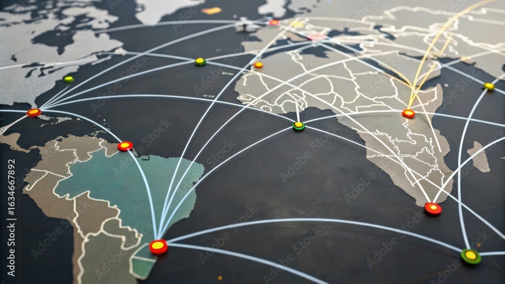 Poster a detailed world map highlighting global connections with colored markers indicating various locatio