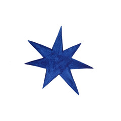 A watercolor illustration of a stylized bright blue star on a white background. This bold and vibrant design captures a sense of energy and creativity, perfect for decorative projects, celestial