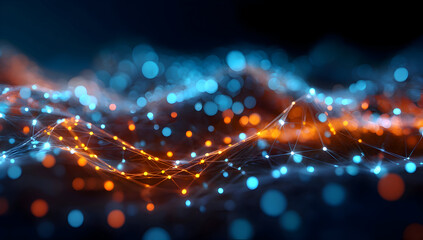 Luminous Digital Wave of Interconnected Orange and Blue Data Nodes.