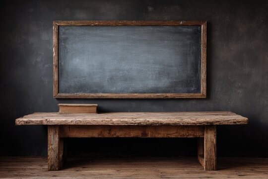 Rustic wooden table and chalkboard in dark room