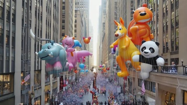 Colorful parade balloons float above a bustling city street filled with cheering crowds
