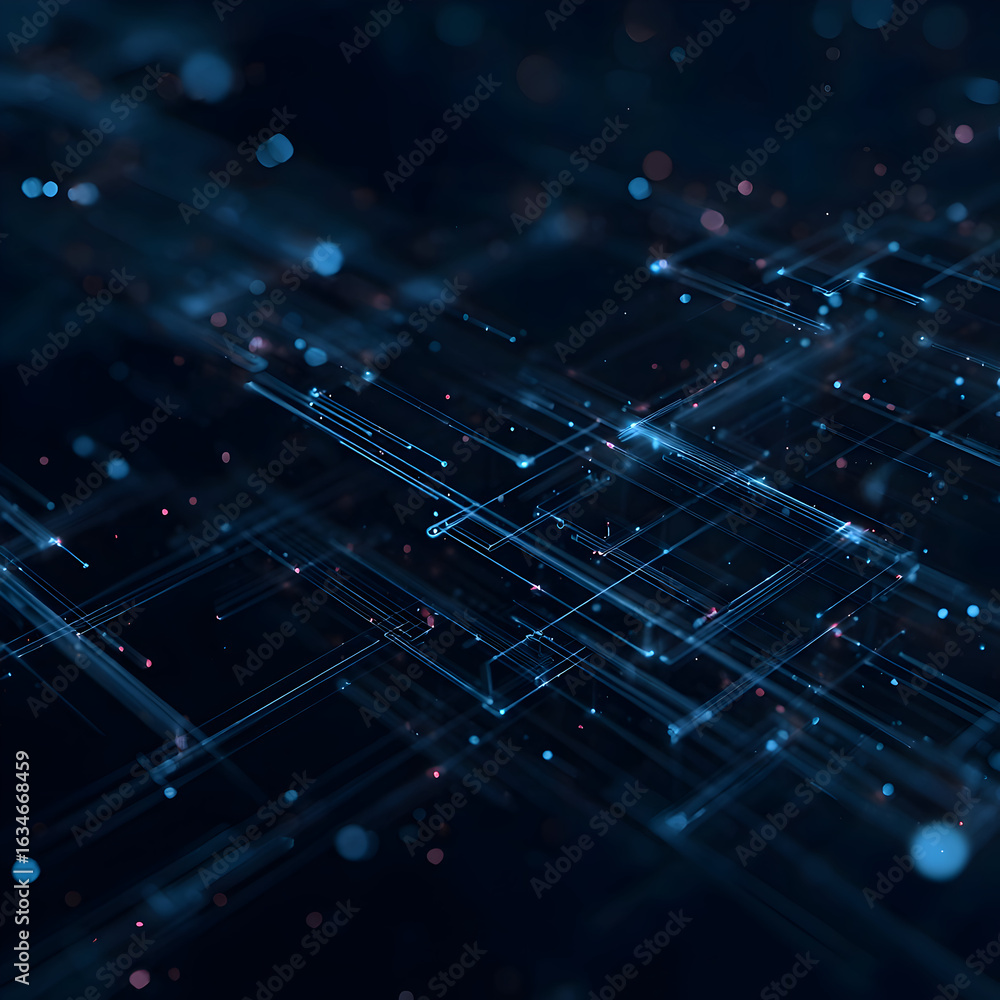 Poster luminous blue and pink data streams on a complex digital grid.