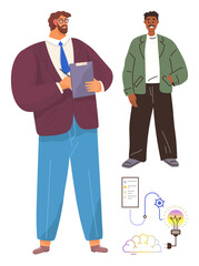 Two professionals in casual and formal attire discussing work. Includes clipboard, infographic, gear, cloud, and bulb visuals. Ideal for business, teamwork, creativity learning strategy planning