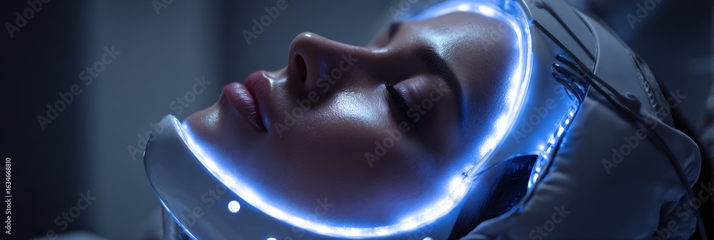Poster rejuvenation machine glowing during facial care session in a futuristic setting with upper third ope