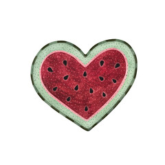 A watercolor illustration of a heart-shaped watermelon slice with a green striped rind, juicy pink flesh, and black seeds on a white background. This charming and vibrant artwork is perfect for summer