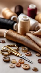 Spools of thread, scissors, and buttons create a colorful sewing workspace with a creative atmosphere for crafting and design projects