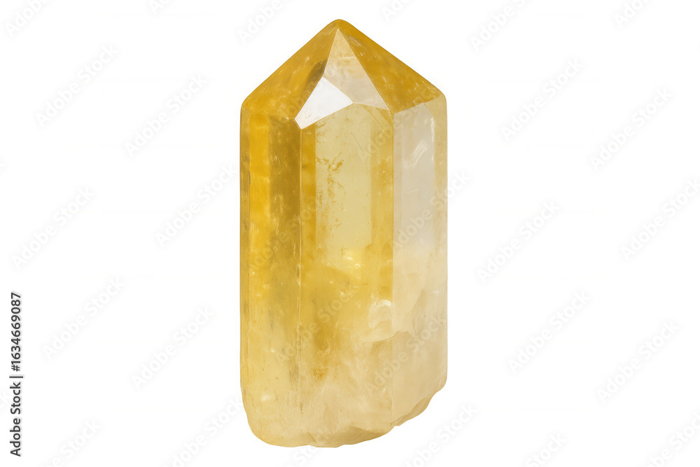 Poster calcite crystal with golden color exhibiting its transparency and multiple facets, isolated on trans