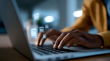 Digital Transformation in Action: Hands Typing with Floating Holographic Document Icons.