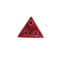 A watercolor illustration of a juicy triangular watermelon flesh slice with black seeds on a white background. This vibrant and fresh artwork highlights the natural texture and color, perfect for