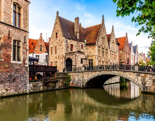 Fototapeta premium European canal town with ancient architecture and bridge