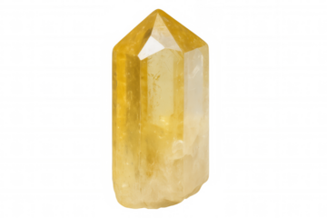 Calcite crystal with golden color exhibiting its transparency and multiple facets, isolated on transparent background
