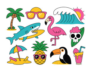 Vibrant summer icons collection with tropical beach vibes, cool sharks, flamingos, and fun drinks.
