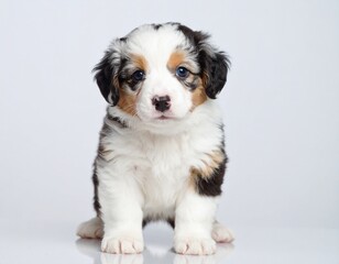 Close-up Portrait of a Cute Tricolor Australian Shepherd Puppy on white background 