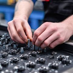 A person carefully assembles metal components on a work surface, showcasing skill and precision in a manufacturing or mechanical setting.