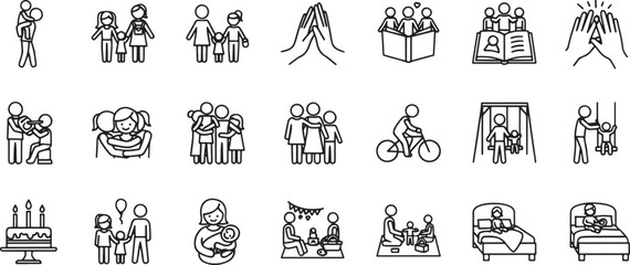 Vector art of collection of simple line drawings depicting various family activities and life events, isolated on white background