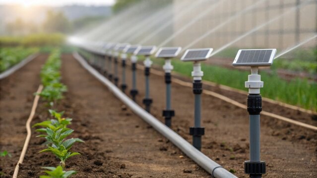 A modern irrigation system featuring solar panels, watering rows of young plants in a farm field, enhancing sustainable agriculture practices.