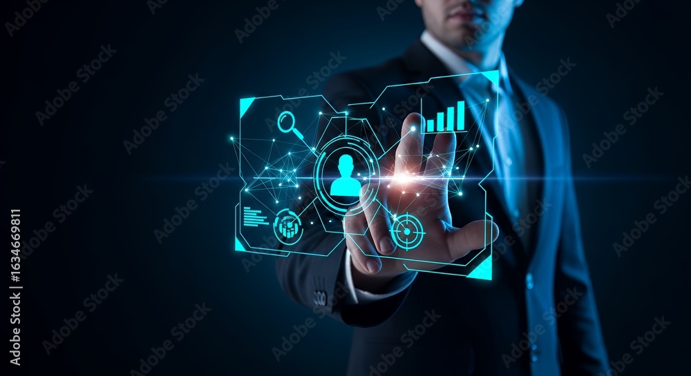 Aufkleber business analytics data visualization interface man interacting with digital chart display technolog