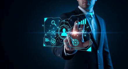 Business Analytics Data Visualization Interface Man Interacting with Digital Chart Display Technology Concept Futuristic Blue Tone Stock Photo 182 Characters