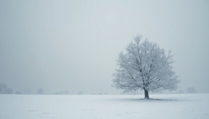 Frosted Tree in Snowy Field, Overcast Sky