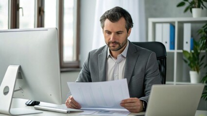 Obraz premium A focused businessman reviews documents in a modern office setting, reflecting professionalism and concentration in his work.