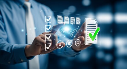Business Approval Process Digital Interface Showing Checkmarks and Data Charts for Successful Project Management and Workflow Optimization