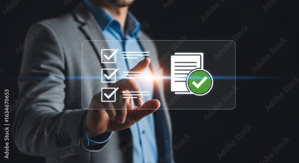 Poster business approval process man checking off items on a digital checklist for project management and t