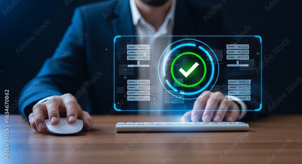 Poster business data analysis with successful verification check digital interface showing positive results
