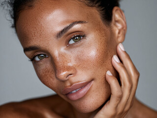 Model with melasma applying gentle cream in soft studio light