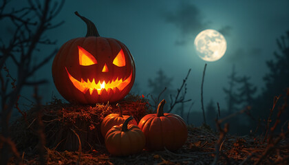 Jack-o'-Lantern and Pumpkins Under Full Moon