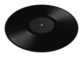 Classic black vinyl record with circular grooves. Cut out PNG