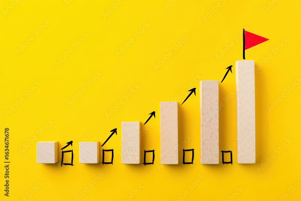 Poster ascending bar graph made of wooden blocks with arrows and a red flag, symbolizing business growth an