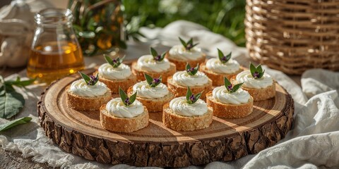 Naklejka premium Arrangement of cream cheese appetizers on a wooden board with oil and a woven basket outdoors