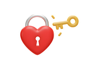 3D Plastic Heart Lock Icon with Floating Key Representing Trust and Emotional Openness