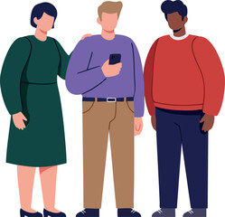 Obraz premium Group of diverse people standing together looking at smartphone casual communication vector illustration 