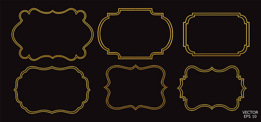 Simple golden geometric frames are isolated on black background. Luxury gold borders for invitations, luxury templates, and decorative patterns. Gold border design. 3D vector illustration.