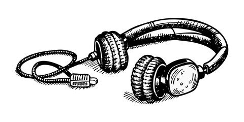 Stylized headphones with tire tread design on black background