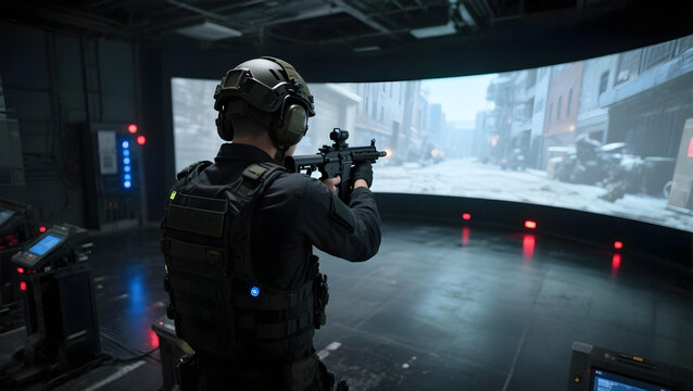 Tactical weapons training in a high-tech urban combat simulator setting.

